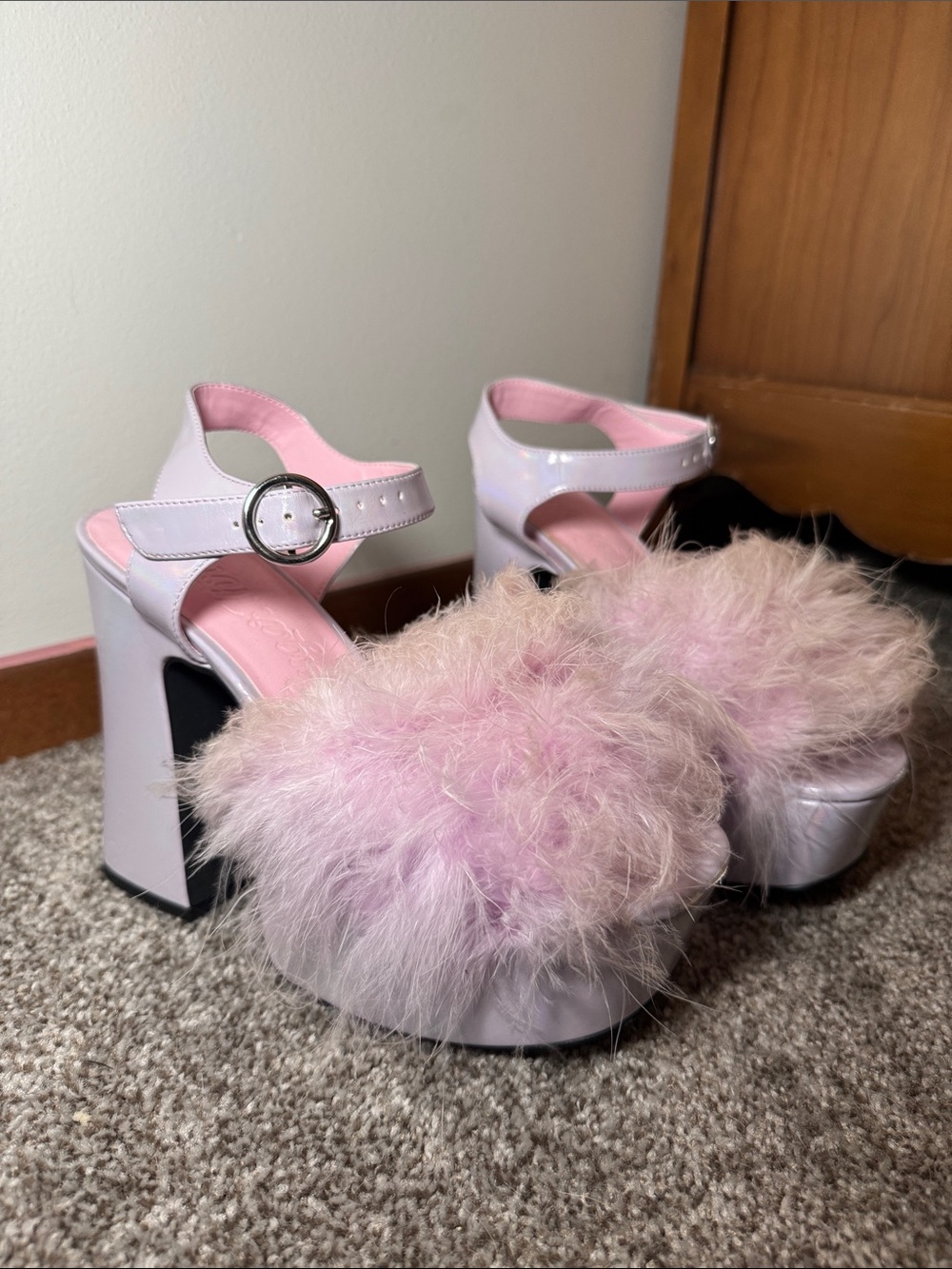 Sugar Thrillz Pink Faux Fur Platform Sandals with Ankle Strap